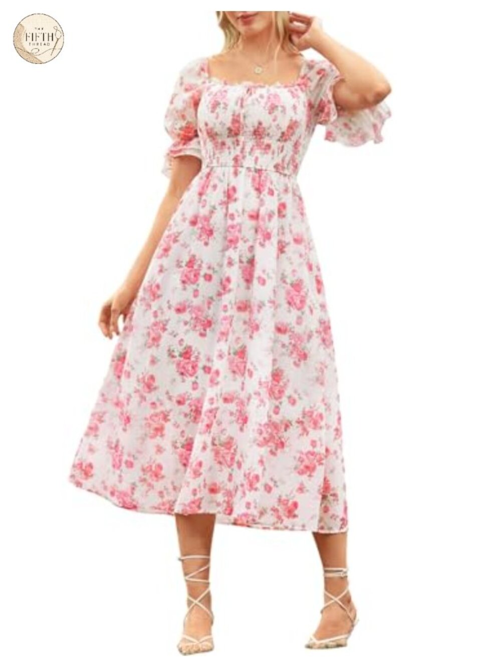Cottagecore Floral Midi Dress Smocked Bodice Ruffle Sleeve A-Line